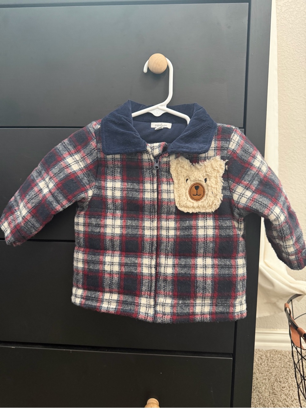 Toddler Plaid Fleece Jacket with Bear Pocket - Navy & Red